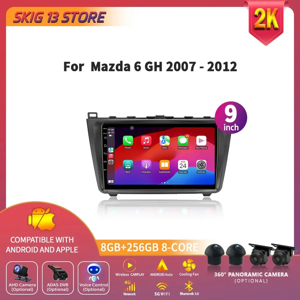 Automobilové rádiové multimediálne navigačné lyžovanie Android 14 Wireless CarPlay pre Mazda 6 GH 2007-2012 GPS WiFi Touch 2 DIN SCREES STEREO