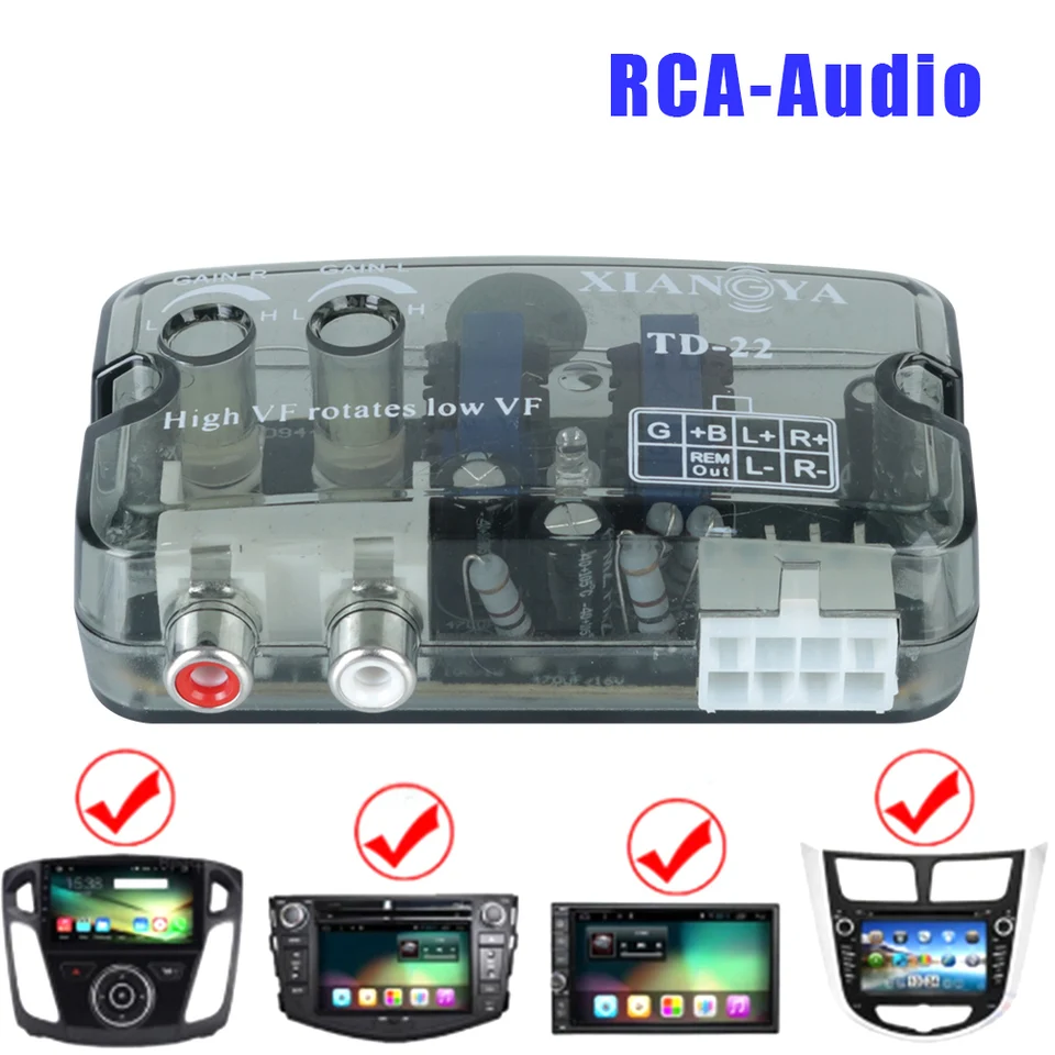 Automobilový audio prevodník RCA Stereo 12V úrovne reproduktora Adaptér prevodníka Univerzálny riadok RCA nastaviteľná frekvenčná linka vysoká až nízka