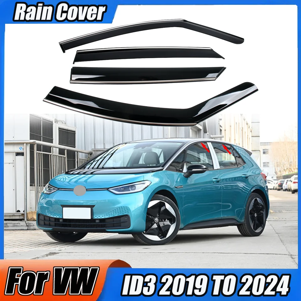 Automobilový dážď pre VW Volkswagen ID3 2019 až 2023 PLAC PLASTNÉ OKNOU VENTICKÝ VENTICKÝ DANE SUN SUN Wind Guard 4ks Automatické príslušenstvo