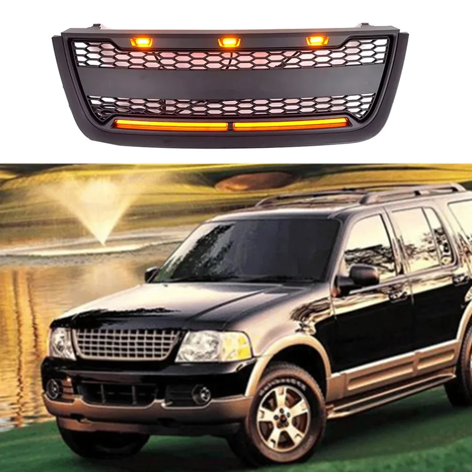 Automobilový exteriérový doplnok predný gril matná čierna mriežka s ľahkou tyčou Fit Ford Explorer 2003 2004 2005 2006