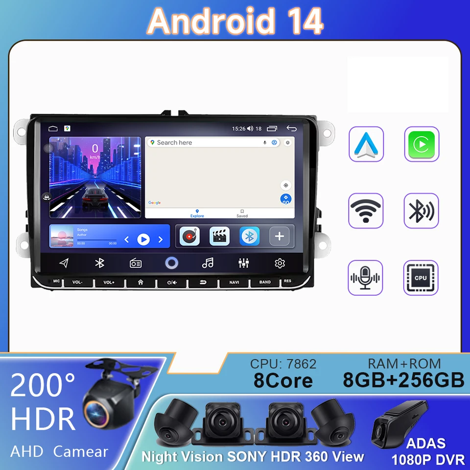 Automobilový hráč Stereo Android 14 9 '' Multimidia Autoradio GPS Radio pre Passat B7/VW/Volkswagen/Golf/Polo/Octavia/Tiguan WiFi