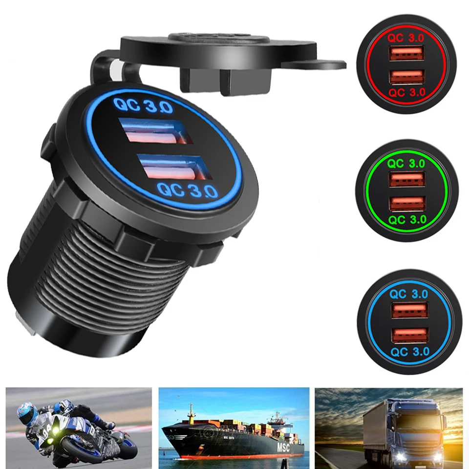 Automobilový motocykel cigareta zapaľovač qc 3.0 Dual USB nabíjačka 12v-24V automobil Moto cigareta zapaľovate
