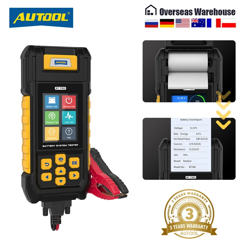 Autool BT760 Tester batérií s tepelnou tlačiarňou 6- 32 V Automatické viacjazykové batérie nabíjanie maximálne zaťaženie