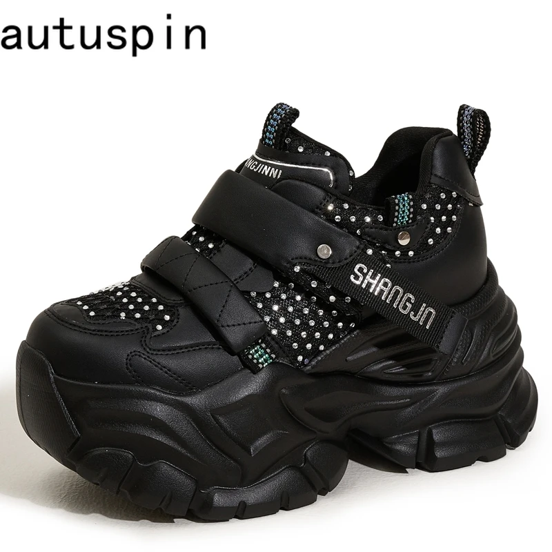 Autuspin 9 cm vysoké husté solované topánky pre ženy 2025 jar leta módy Street Chunky tenisky Crystal Mesh Hook obuv Žena