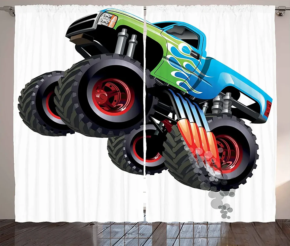 Autá výpadky záclony Cartoon Monster Truck Cool Vozidlo upravené na dokonalosť farebný dizajn okenný opona