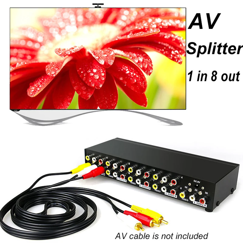 AV 1x8 Splitter 1 v 8 out 8 Port RCA Screen Scretter Audio Video Splitter pre Wii PS2 PS4 Xbox STB DVD na TV s reproduktorom