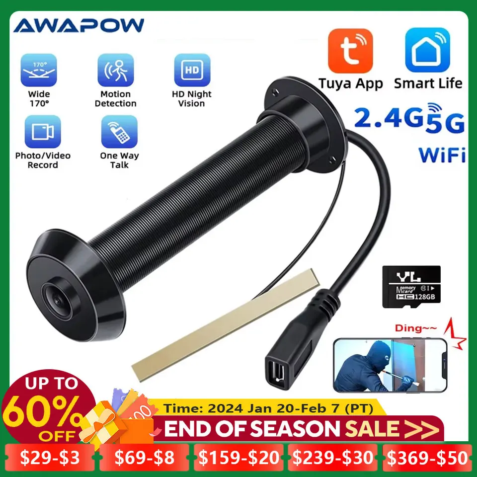 AWAPOW TUYA DVERE DVERE VIELOVAŤ 170 ° ŠPOČNÝ ZHLNÝ VIDEO VIDEO DVERE 2,4G/5G WIFI MINI NIGHT NIGHT VISION 1080P Detekcia pohybu Nový