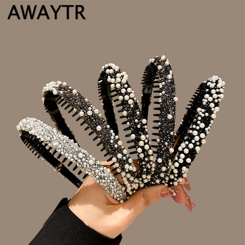 Awaytry Dámske perly kamienky antislip Hairband pre vlasy s zubami Vlasov čelenka Hair Hoop Bramie Módne vlasové doplnky