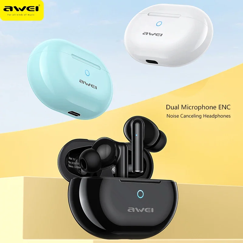 AWEI T61 Wireless Bluetooth 5.3 slúchadlá Sport Redercey hluku ENC Slúchadlá so 4 mikrofónmi uší 300 mAh dlhý pohotovostný režim