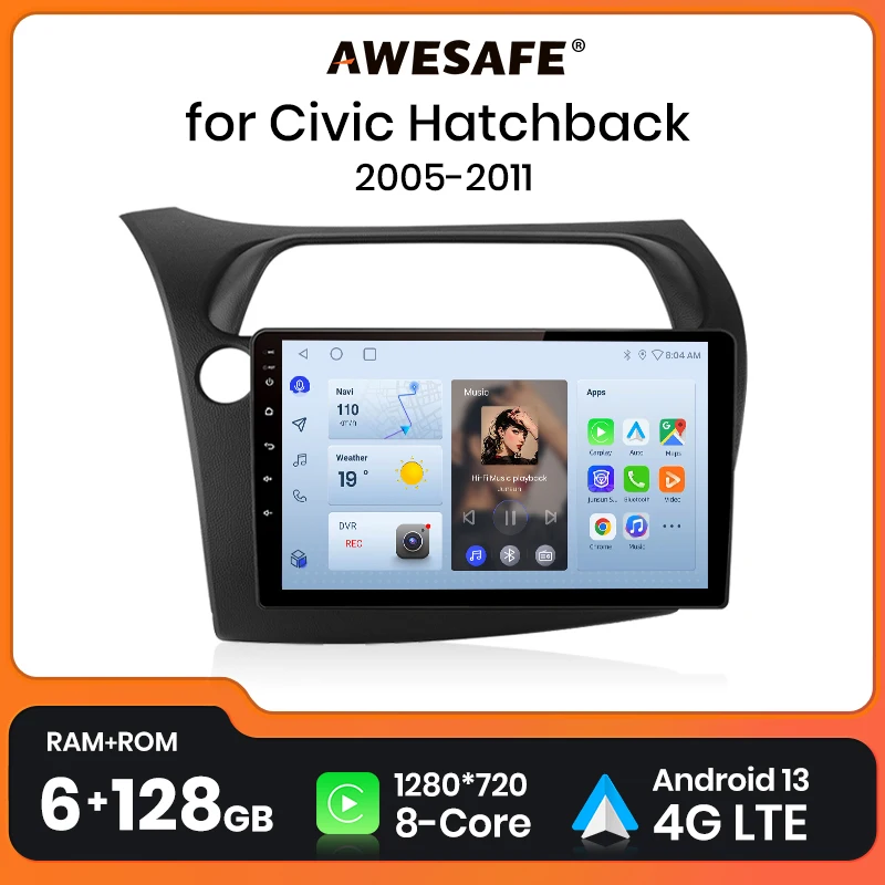 Awesafe Wireless CarPlay Android 13 Rádio pre Honda Civic Hatchback 2005 - 2011 GPS Navigation Stereo Car Intelligent Systems