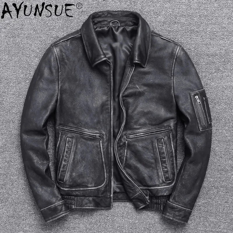 Ayunsue originálna kravská kožená bunda muži vintage motocyklový kabát skutočné cowhide kabáty chaquetas de cuero hombre s