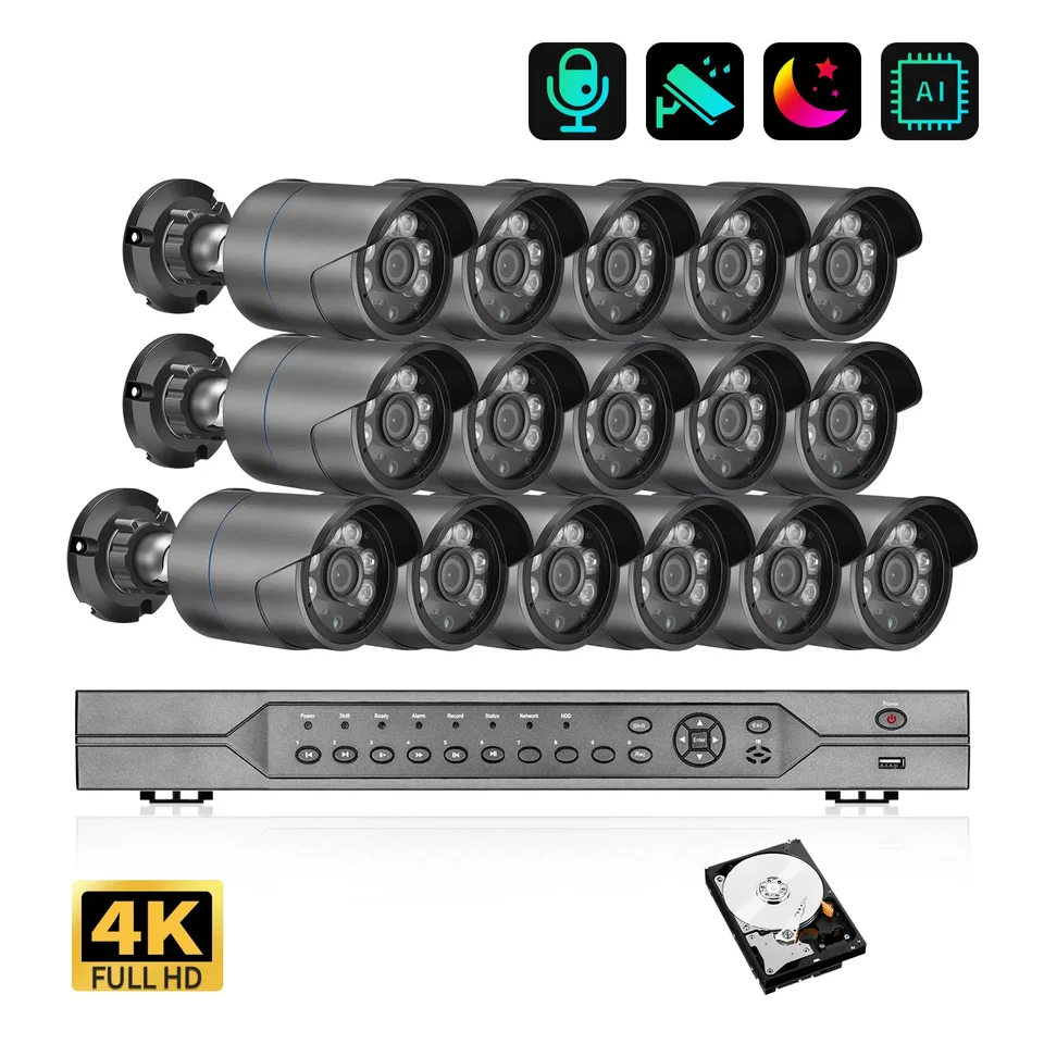 Azishn 16ch 4K Ultra HD IP Camera Set Set H.265 8MP NVR Vidio Surveillance Kit Outdoor Witerproof Night Vision Home CCTV Camera