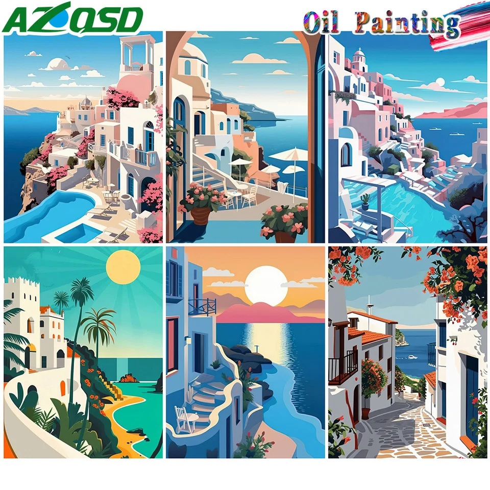 Azqsd Picture Olej olejomaľby podľa čísel Seaside City Krajina olejomaľba kresba na plátne jedinečný darček pre deti