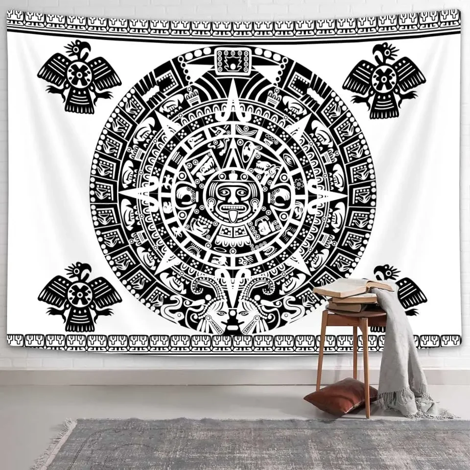 Aztec kalendár tapiséria čierna a biela vintage mayský podpis starodávne slová zavesenie pre spálňu obývacia izba DOM DOM DEOBOR