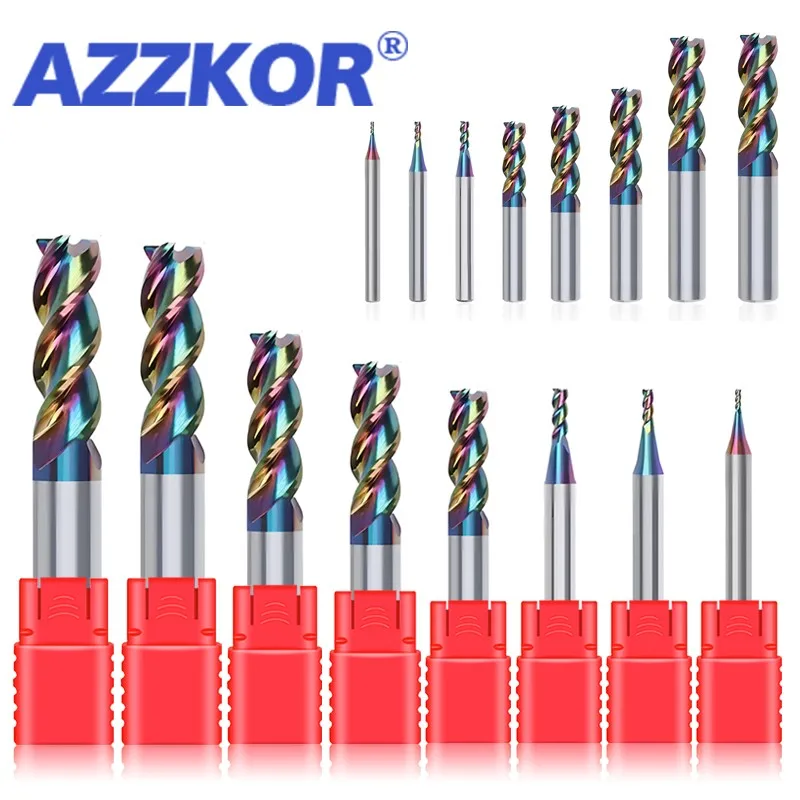 Azzkor 1,0-12.0m11-diery/set volfrámu oceľový mletie Cutter HRC55 3-flutte DLC povlak pre hliníkové CNC obrábanie koncových mlynov nástrojov