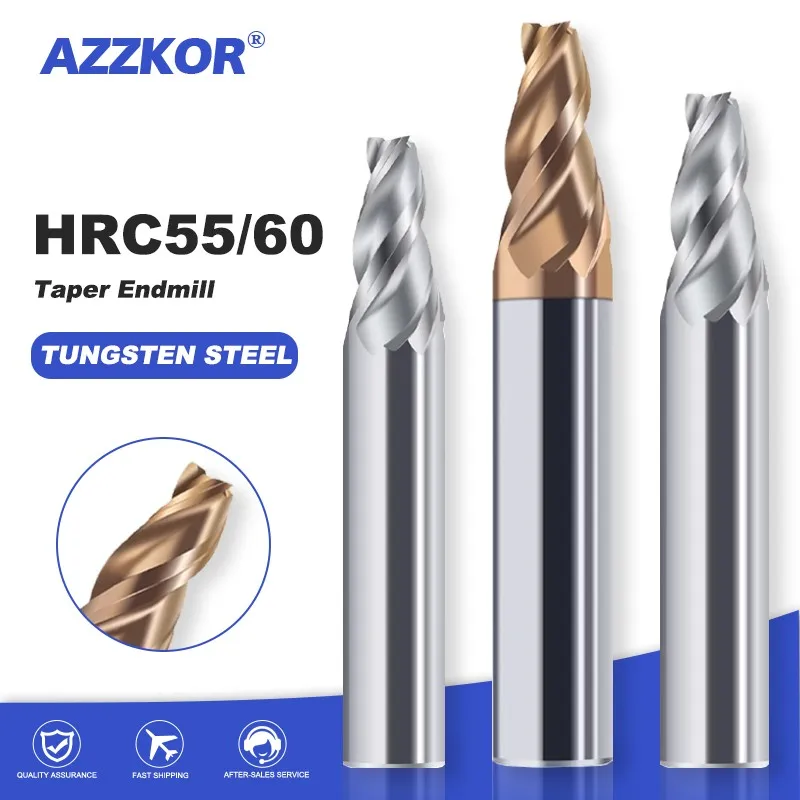Azzkor HRC55/60 3-flut-flut Tuper End Mlyn svah volfrámu oceľový karbid Celkový sklon Cutter Cutter CNC obrábanie náradia
