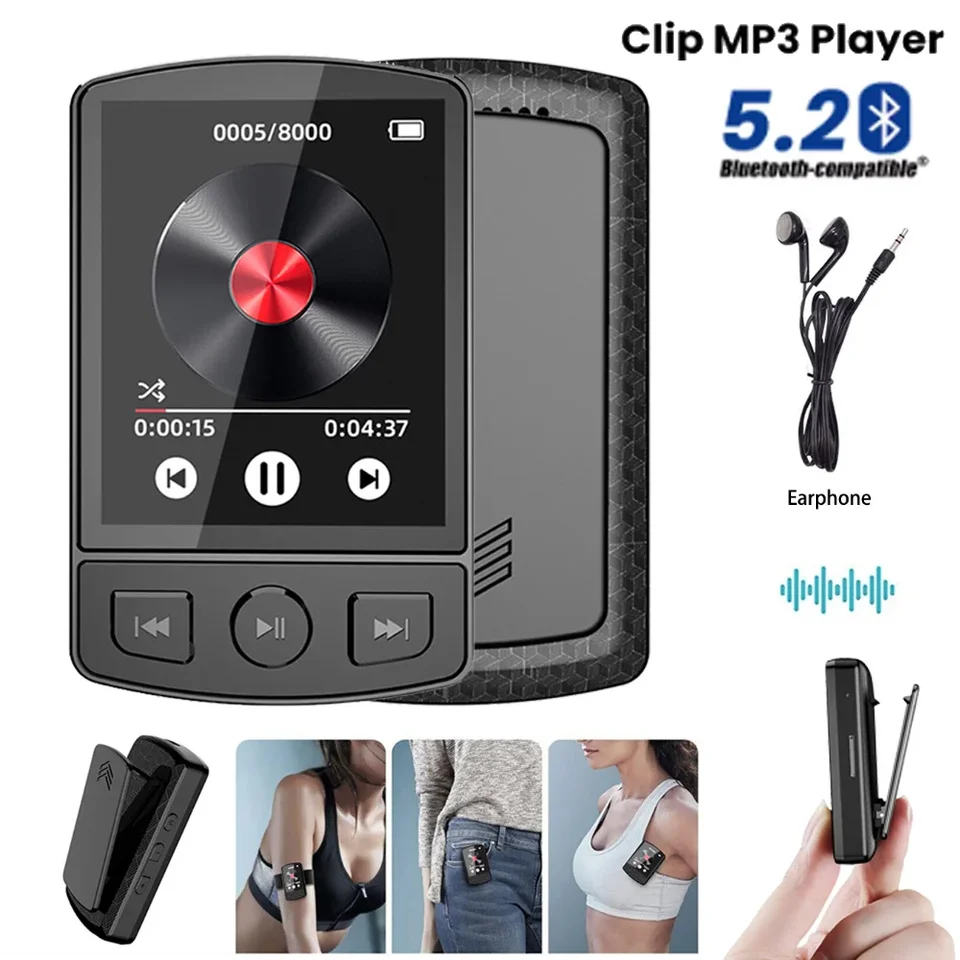 Až 128 GB Sports MP3 Player Player Clip-On Mini Walkman Hifi Bluetooth kompatibilný 5.2 MP4 Player E-kniha/čítanie/FM Radio/Hlas/Hodiny