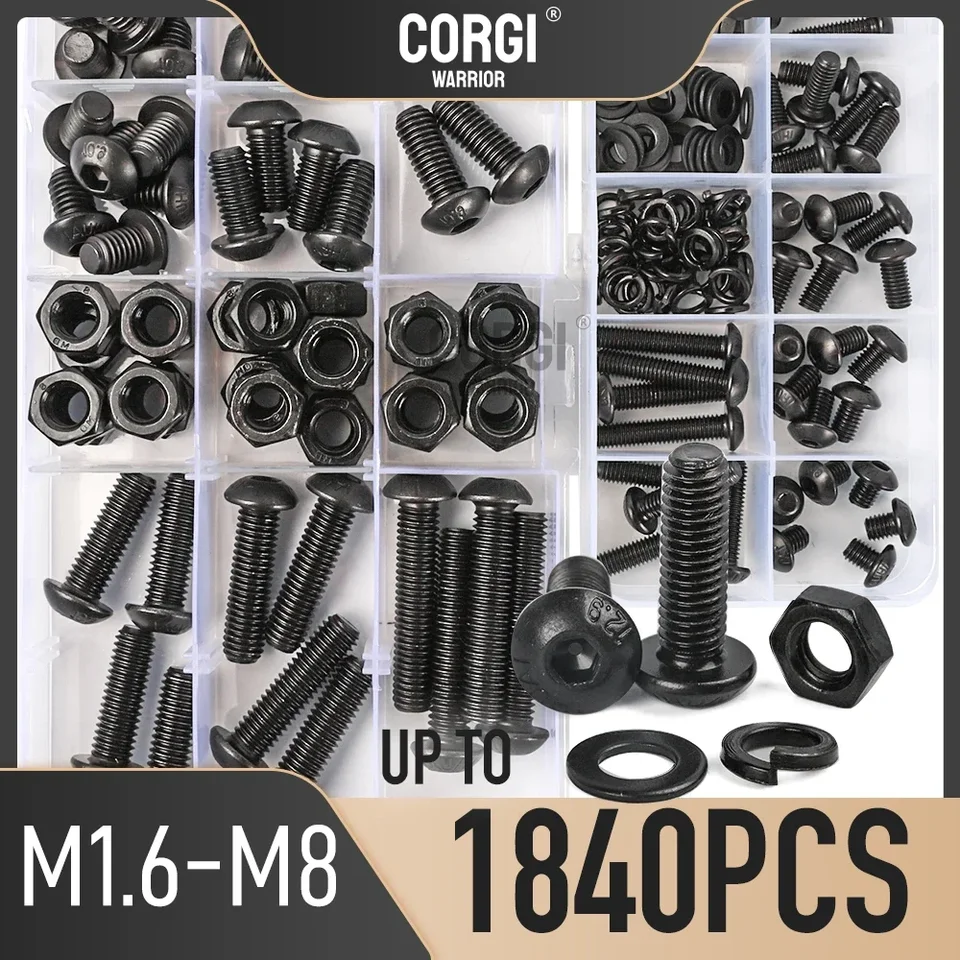 Až 1840 okrúhle gombíky HEX HEX CAP SUCKET SCRICKS Kit M1.6 M2 M2,5 m3 m4 m5 m6 M8 Čierna 10,9 GRADE ALLEN HORK SCRECT SET