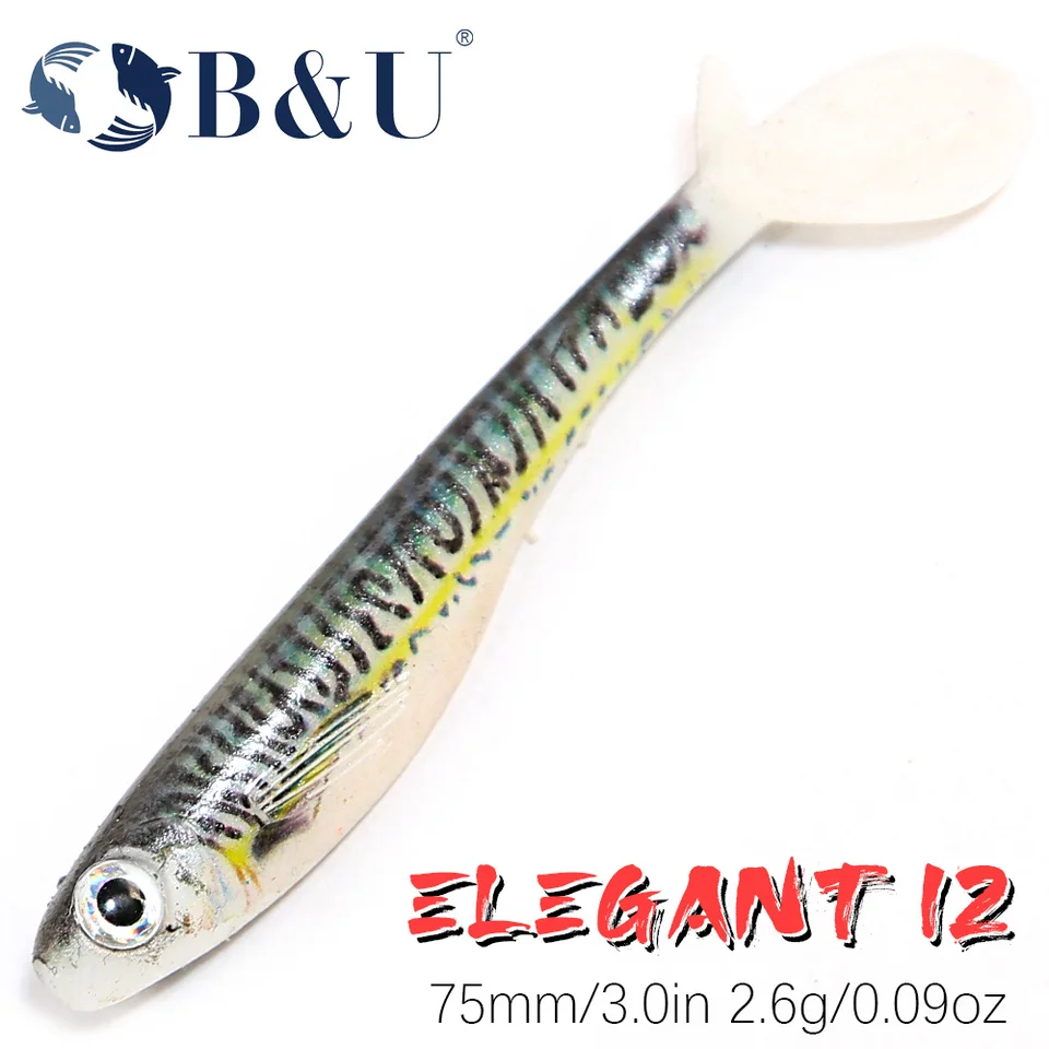 B & u 3pcs 75 mm tieň mäkké plavky rybárske nalákanie Wobblers for Pike Zander Bass Paddle T Tail Pesca Falošné ryby Lure
