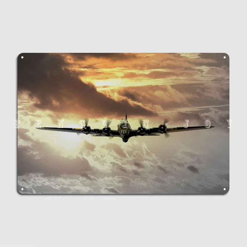 B17 lietajúca pevnosť postavená proti Zlato žltého západu slnka kovová značka Wall Wall Classic Club Bar Wall Decor Tin Sign Plagáty
