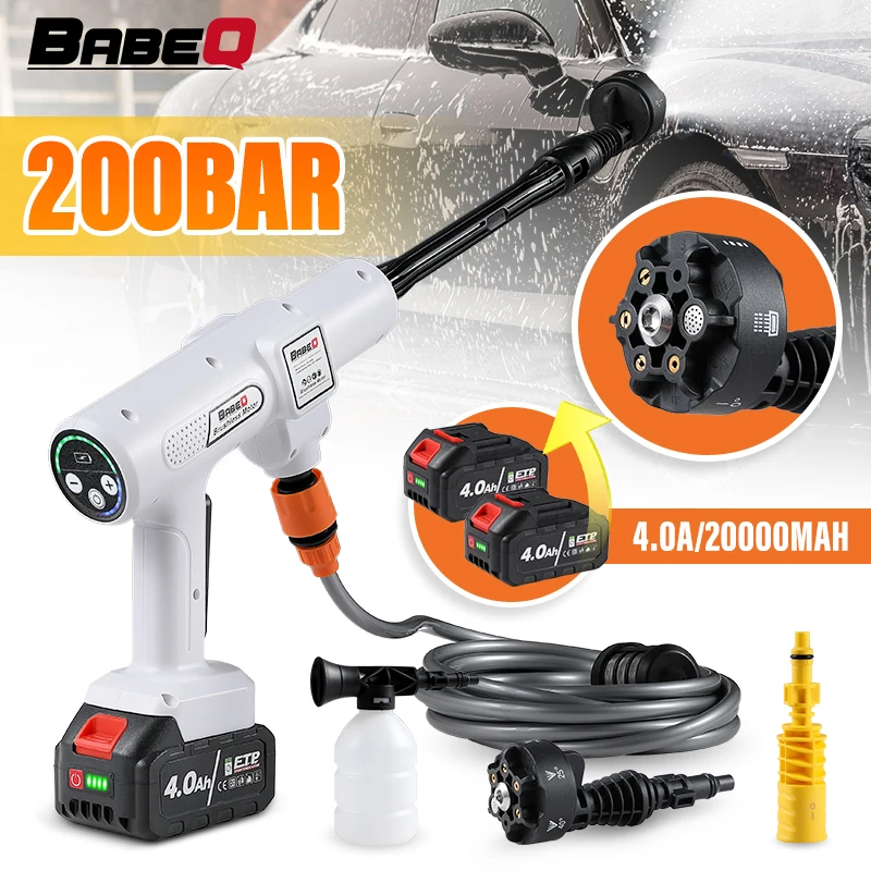 Babeq 200bar bez kefy s vysokou tlakovou automobilovou pištoľou 6 in 1 Elektrický rozprašovací zbraň na umývanie náradia pre batériu Makita 18V