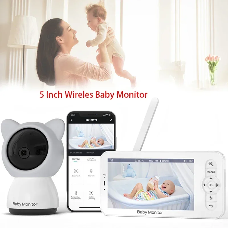 Baby Monitor 2 v 1 mobilný telefón alebo monitor, 1080p HD fotoaparát 5 ”obrazovka 4x Zoom Night Vision 10M Audio a Video Nanny Security