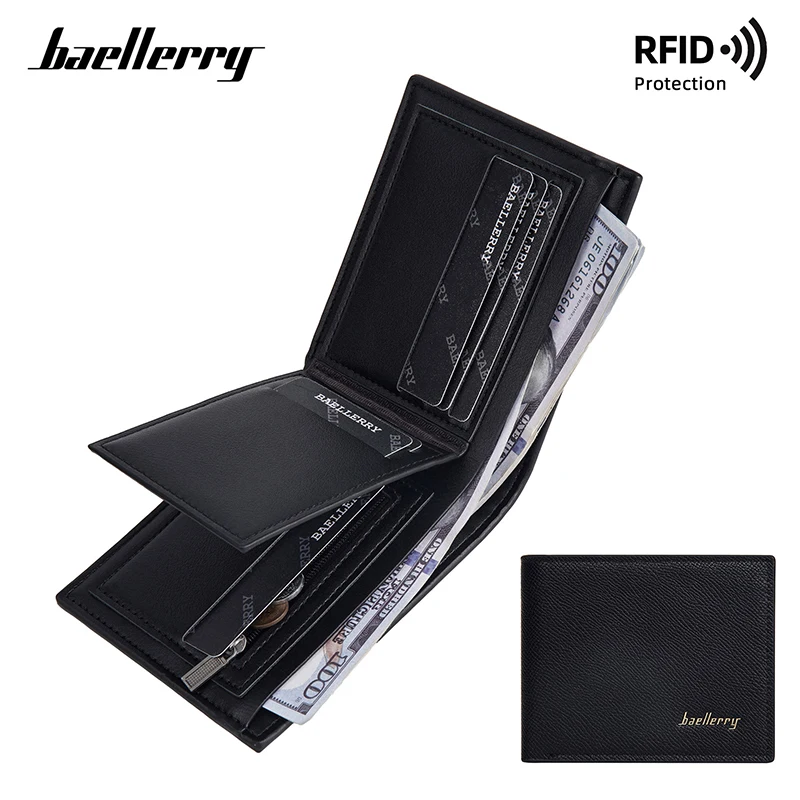 Baellery New RFID Men Peňaženky jednoduché klip karty Soft Muž Peňaženka zipsová minca vrecko Krátke karty Pánske kabelky