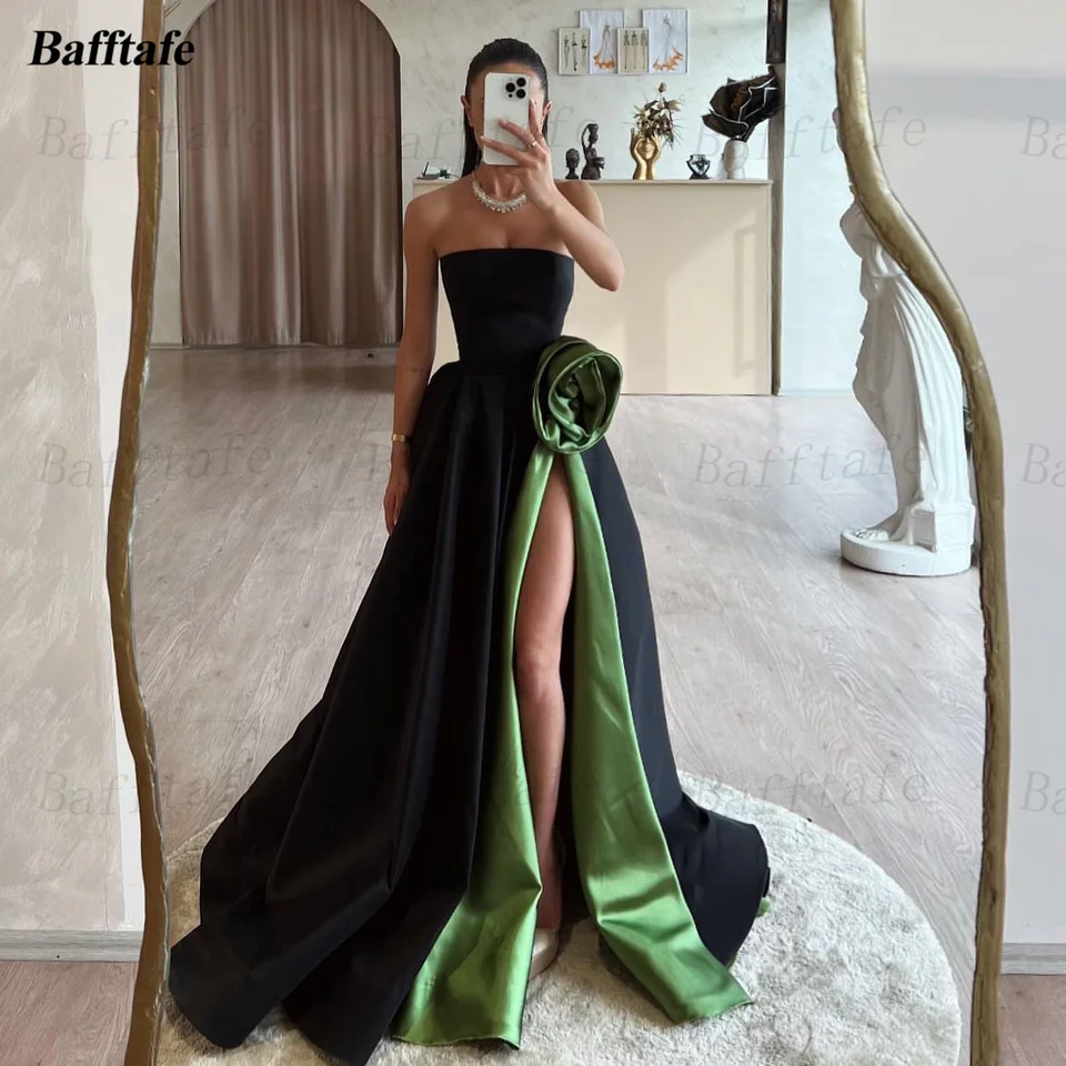 Bafftafe čierna zelená saténová saténová dlhé ples šaty 3D kvety High Slit Women Formálne párty šaty zametané večerné šaty Prispôsobené
