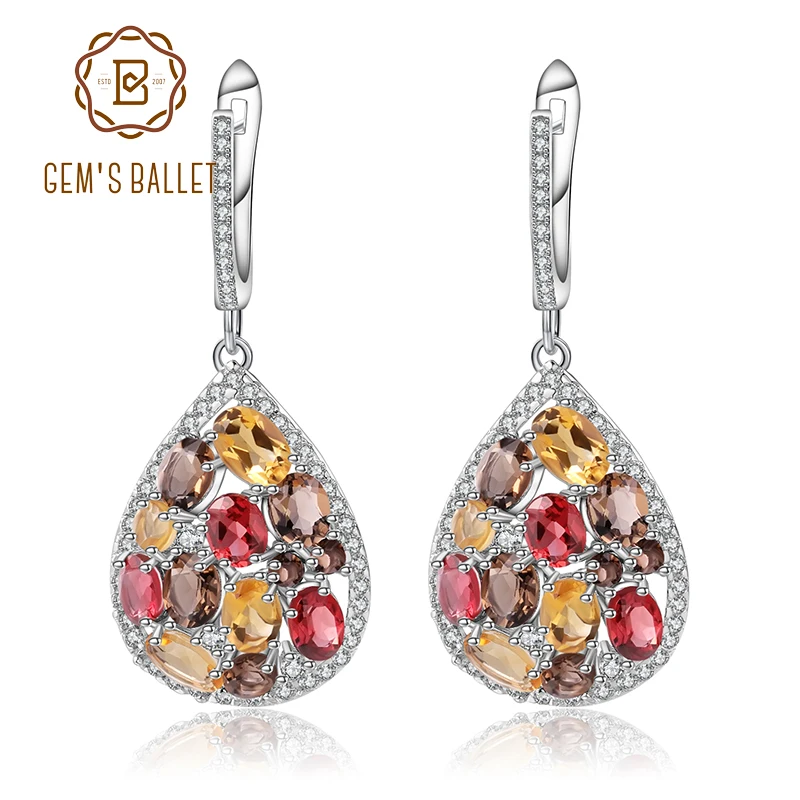 Balet Gem's Balet Natural Citrine Garnet Smoky Quartz Elegantné náušnice 100% 925 Sterling strieborné náušnice pre ženy jemné šperky
