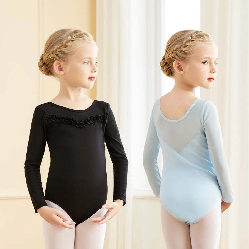 Baletné trikoty pre dievčatá Lacy Lacy Ruckve Dance BodySuit Kid Kid Soft Mesh zostrihová prax Gymnastika Bodyzuits baletné kostýmy