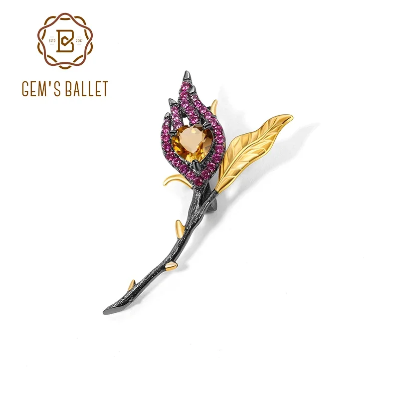 Ballet Gem's Black & 18k Gold 925 Strieborné ručne vyrábané srdce spálené v láske Prírodné citrine dizajnér brošne pre ženy luxusné značky