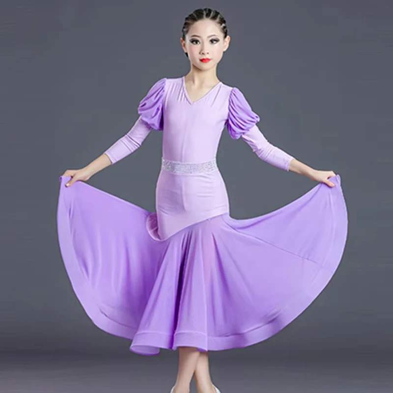 Ballroom Dance Chayses Girls Puff Ruckve TRETARD PURPLE SKURT Štandardná valčička Koste