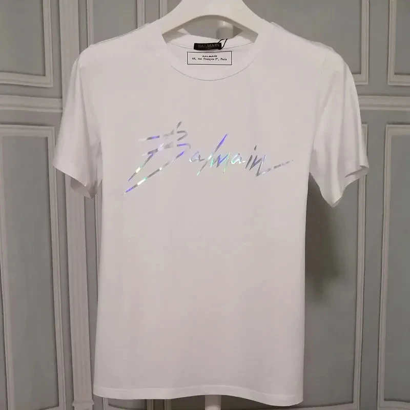 Balmain módny okrúhly krk Tričko a ženy bavlnené laserové zlaté horúce striebro Monogram flitry s polovičným rukávom tričko