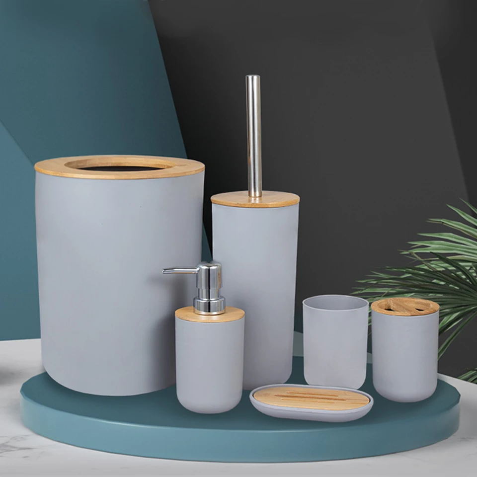 Bambusové plastové mlieko zubná kefka na zubnú kefku držiak na zubnú kefku na zubnú kefku na zubnú kefku s kúpeľňou Sada záchodov 6pcs/set mydlového výdavkového koša koša plechovky