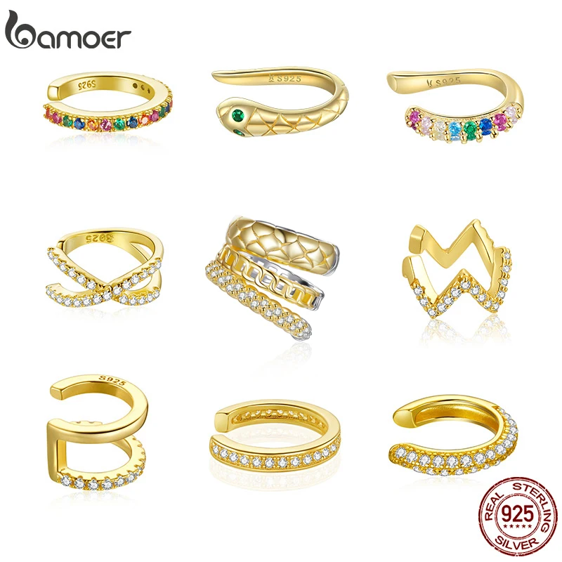 Bamoer 925 Sterling Silver 14k Gold -Plated Cubic Zirkónia šumivý Huggie Ear Cuff Gold Geurings for Women | Klip na chrupavku