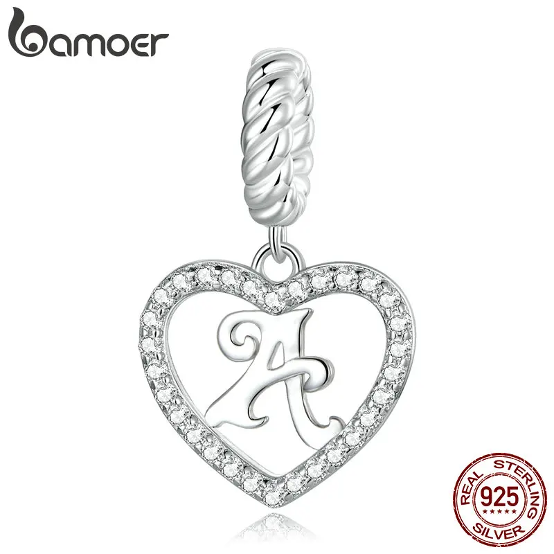 Bamoer 925 Sterling Silver Delicate Srdc Pendant Písmeno A TO Z Charms Fit for DIY náramok a náhrdelné korálky abecedy