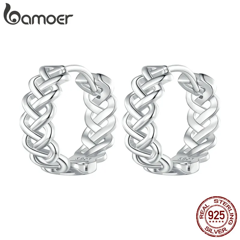 Bamoer 925 Sterling Silver Dutwald-out vzorové spony uší prepletené skrútené náušnice obruče pre ženy módne jemné šperky