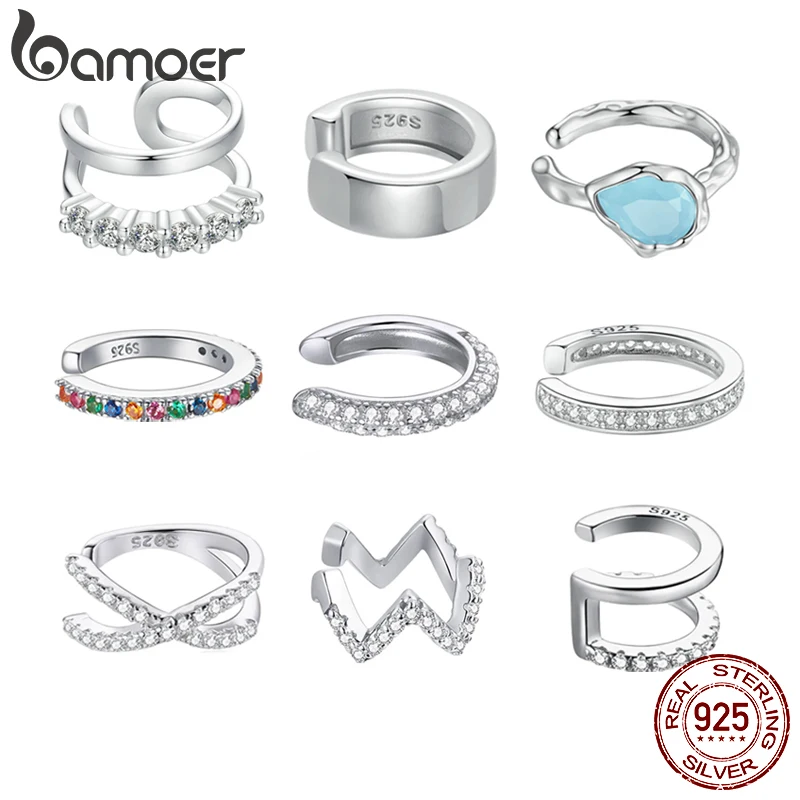 Bamoer 925 Sterling Silver Mono-Zarobné náušnice šumivé kubické zirkónia Round Huggie Ear Manželá biele zlaté náušnice
