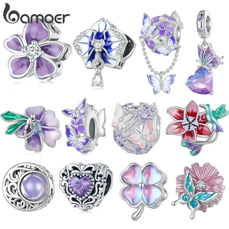 Bamoer 925 Sterling Silver Purple Purple Flower Flowers Clear Zirkon Charms for Women Originálny náramok jemné šperky SCC2459