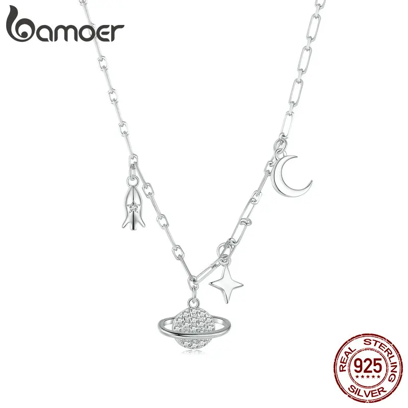 Bamoer 925 Sterling Silver Starry Sky Pendant náhrdelník a planéta Choker náhrdelník pre ženy darček zirkón jemné šperky BSN292