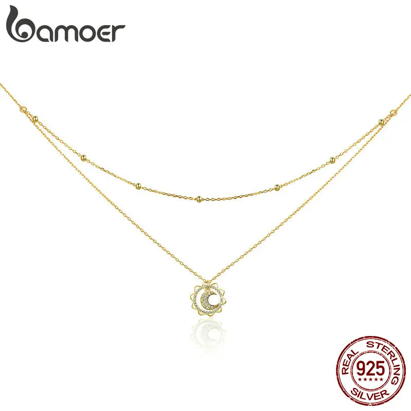 Bamoer 925 Sterling Silver Vintage Gold Slnko a Moon Dvojité vrstvy Choker Náhrdelníky prívesok pre ženy Strieborné jemné šperky SCN305