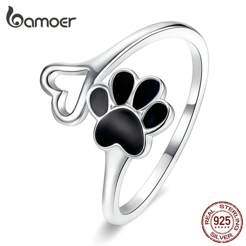 Bamoer Authentic Sterling Silver 925 Čierny smaltový pes Paw Srdce Nastaviteľné prstene prstov prstov pre ženy Šperky príslušenstvo SCR584