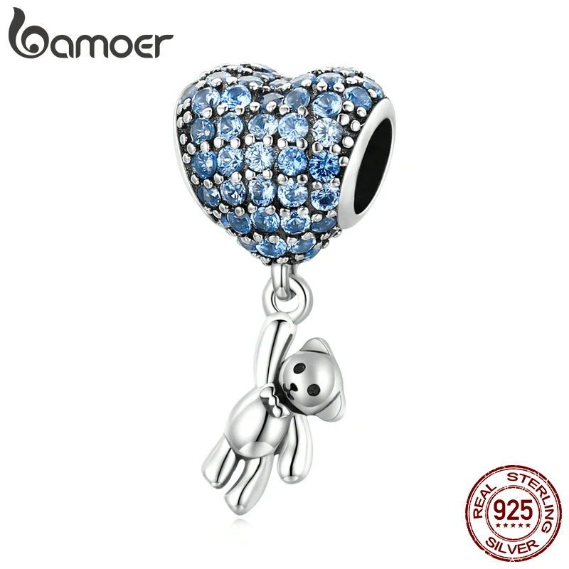 bamoer luxusný strieborný dúhový srdce modrý kryštál balón Bear Charm 925
