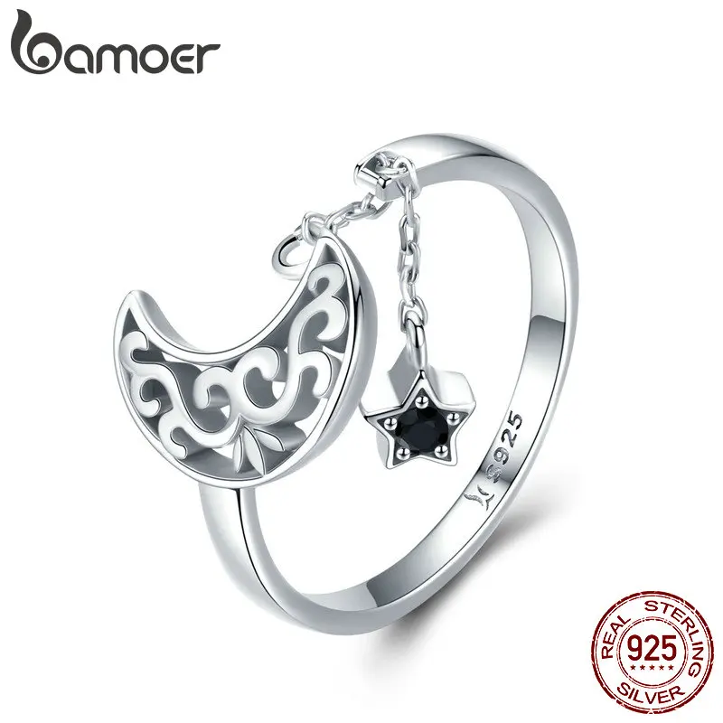 Bamoer Original 925 Sterling Silver Moon and Star Long Chain Star nastaviteľný prsteň prst pre ženy šterlingové strieborné šperky SCR479