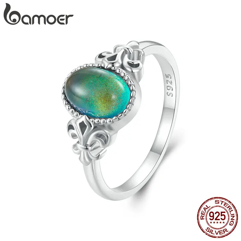 Bamoer Solid 925 Sterling Silver Emotion Ring Oval Stone Color Zmena nálady prsteň jemný šperk darček BSR454