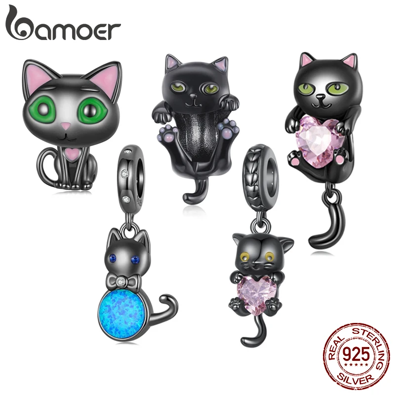 Bamoer Solid 925 Sterling Silver Opal Čierne kúzlo Cat Parl Fit Original Bracelet and Náhrdelníky šperky DIY Bamoer Animal Charm