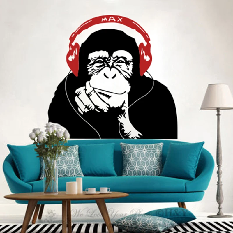 Banksy Gorilla Monkey Slúchadlá hudba Nálepka na stenu obývacia izba detská izba Karika