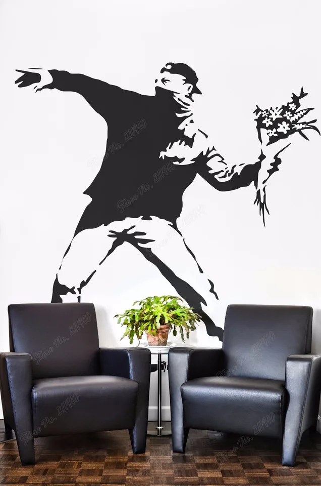 Banksy kvetinová demonštrácia stena nálepky na nálepku banka bánk štýl stena obtisky dekorácie odnímateľná nálepka na stenu vinylového umenia b139