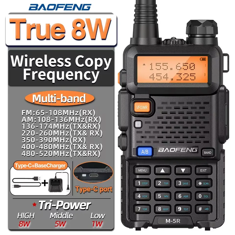 Baofeng M-5R Walkie Talkie High Power Long Range Type-C bezdrôtová frekvencia Kópia Two Way Radio Communication Rádio Rádio pre turistiku