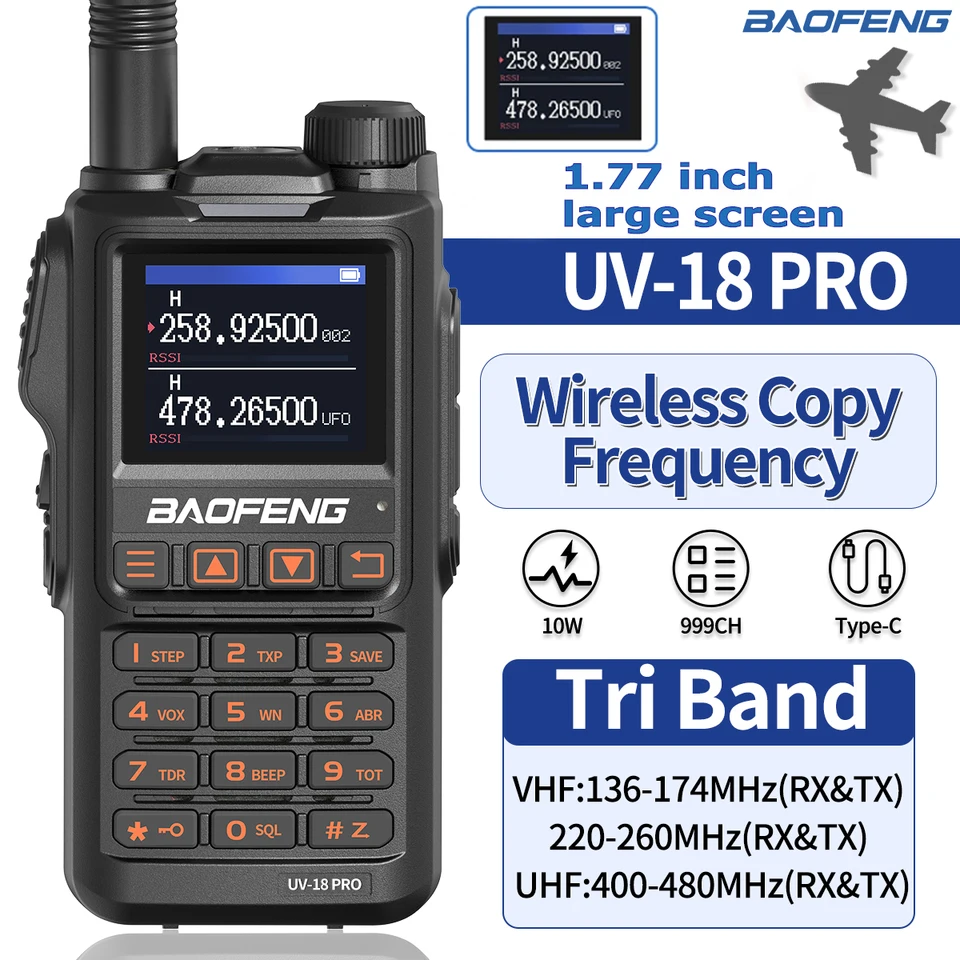 Baofeng UV-18 Pro Walkie Talkie Professional Ht Tri-Band Frekvencia Kópia Dlhý dole